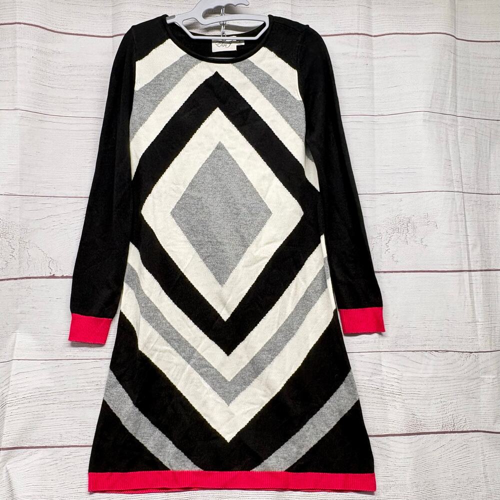 Eliza J Geometric Diamond Knit Sweater Dress Pink Grey Black Size Medium